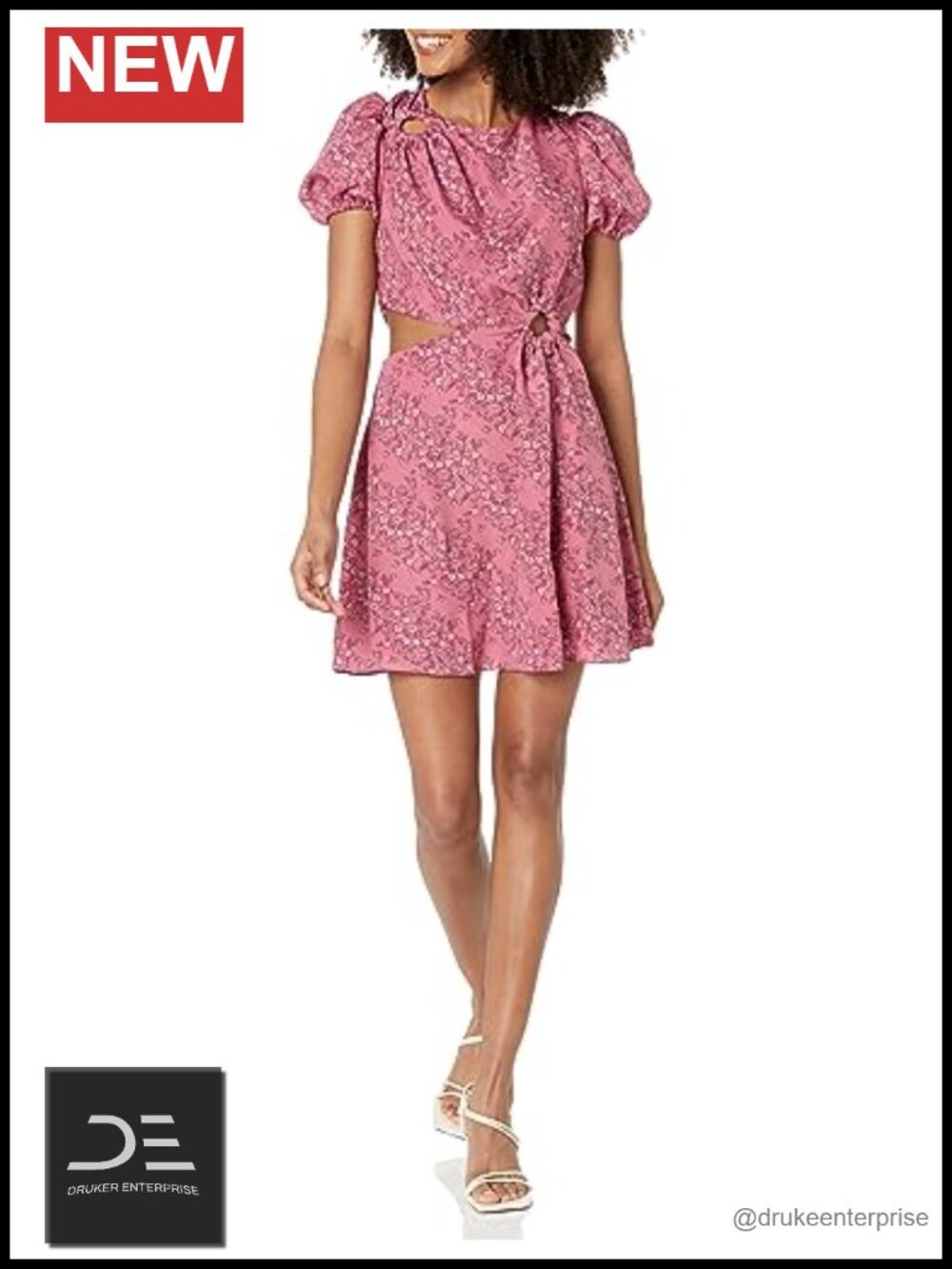 Floral A-Line Dress with Cutout, Puff Sleeves